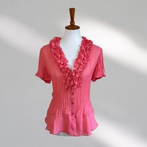 Vintage Y2K Ruffled Pink Semi Sheer Button Up Blouse